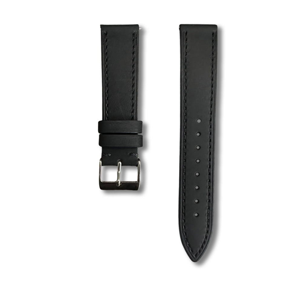 Cavern 22mm Plain Black Stitched Full Grain Leather Strap