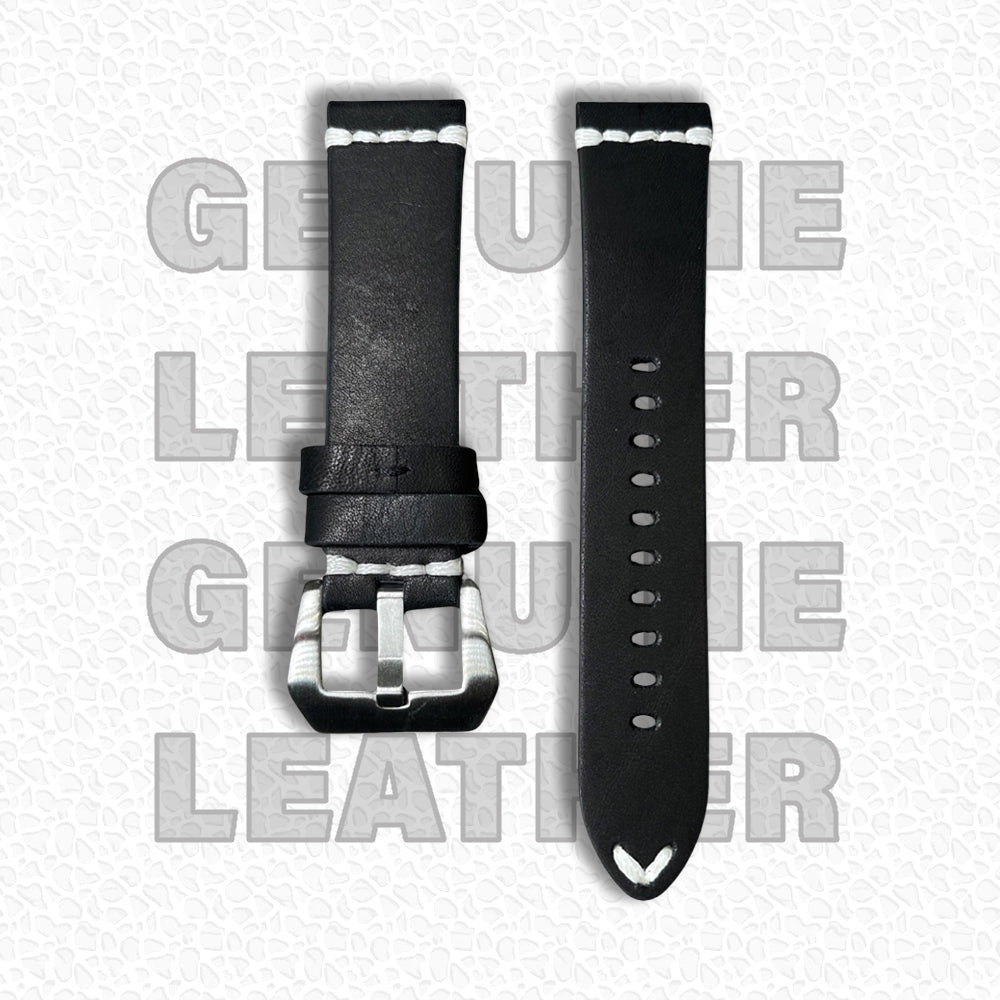 Cavern 22mm Black Full Grain Stitched Leather Strap
