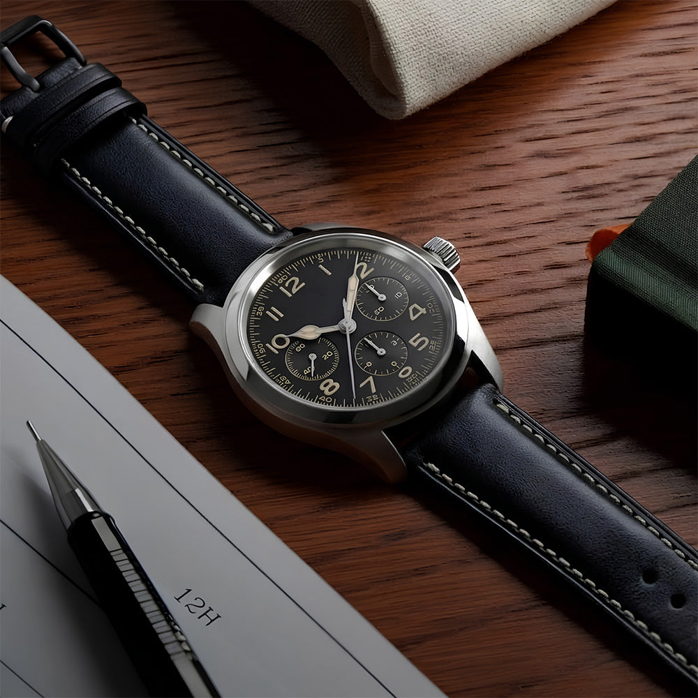 Cavern 22mm Plain Black Leather White Stitching Strap