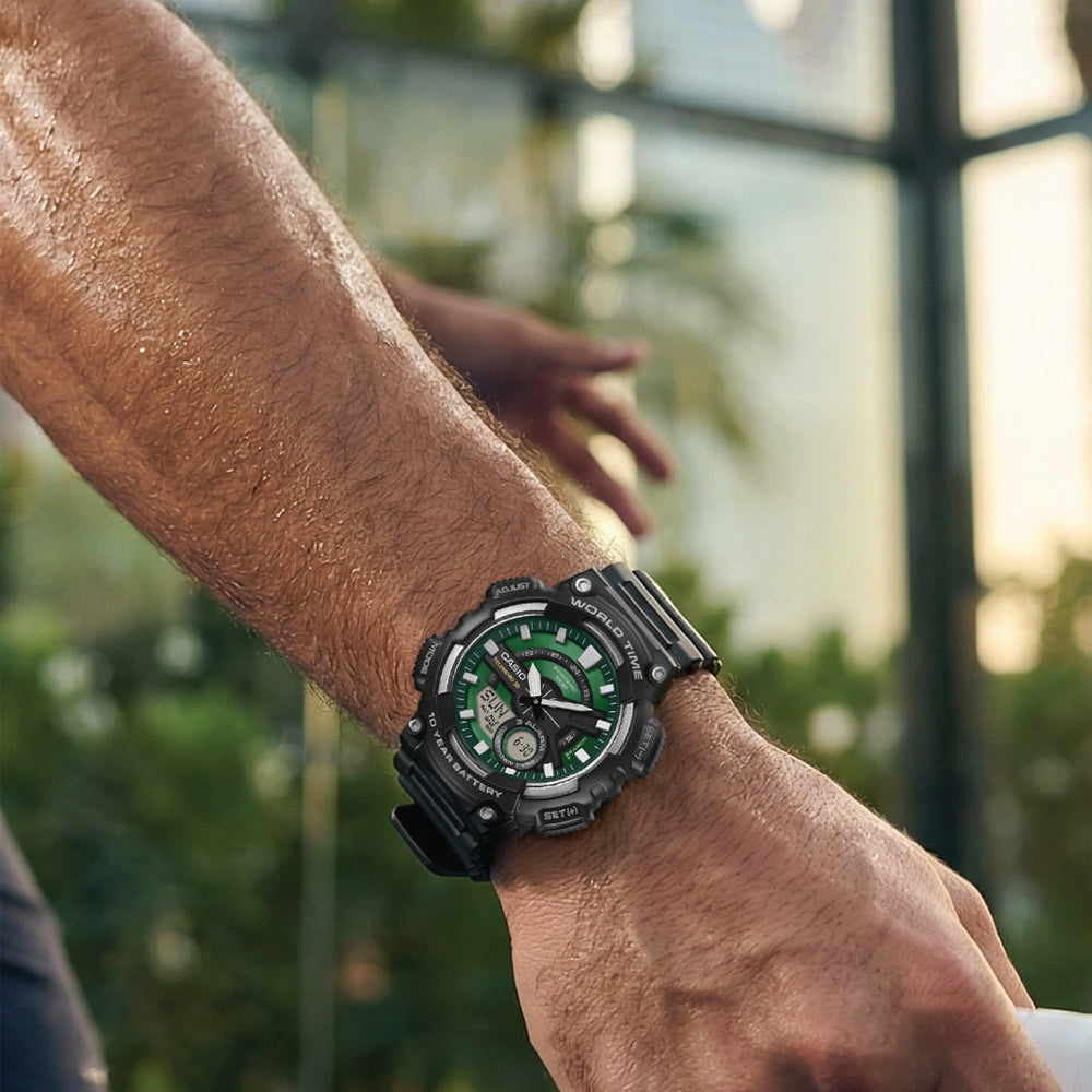 CASIO SPORTS DUAL TIME GRREN DIAL WATCH | AEQ-110W-3A2VDF