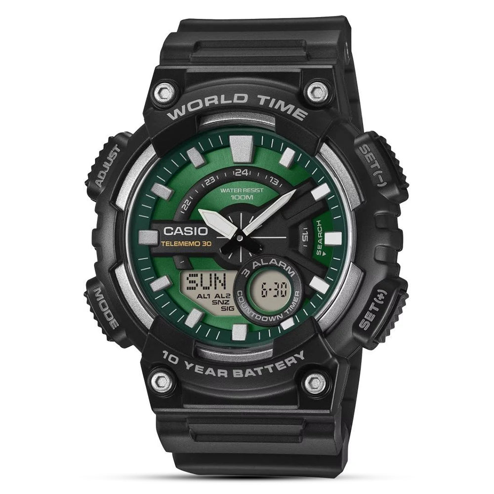 CASIO SPORTS DUAL TIME GRREN DIAL WATCH | AEQ-110W-3A2VDF