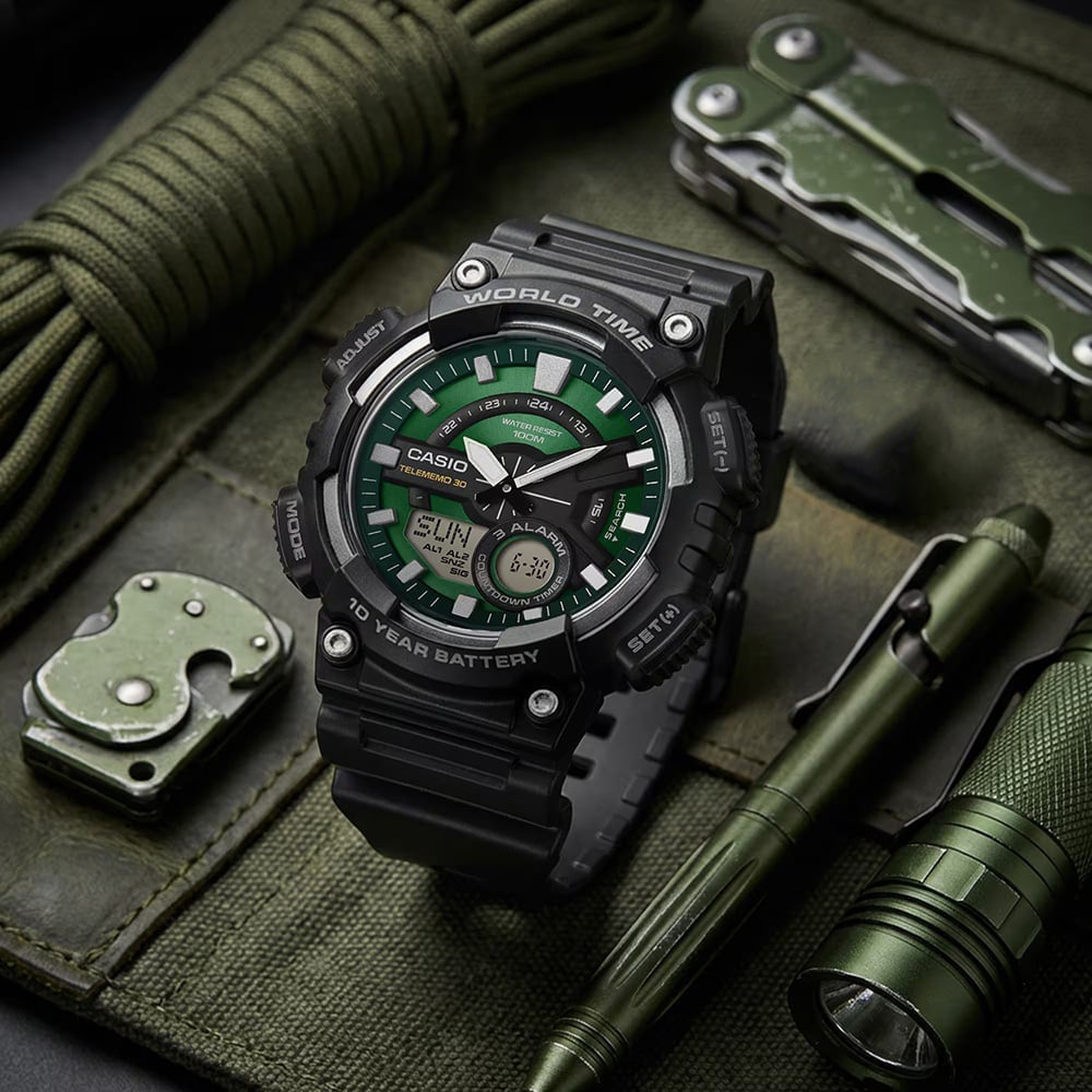 CASIO SPORTS DUAL TIME GRREN DIAL WATCH | AEQ-110W-3A2VDF