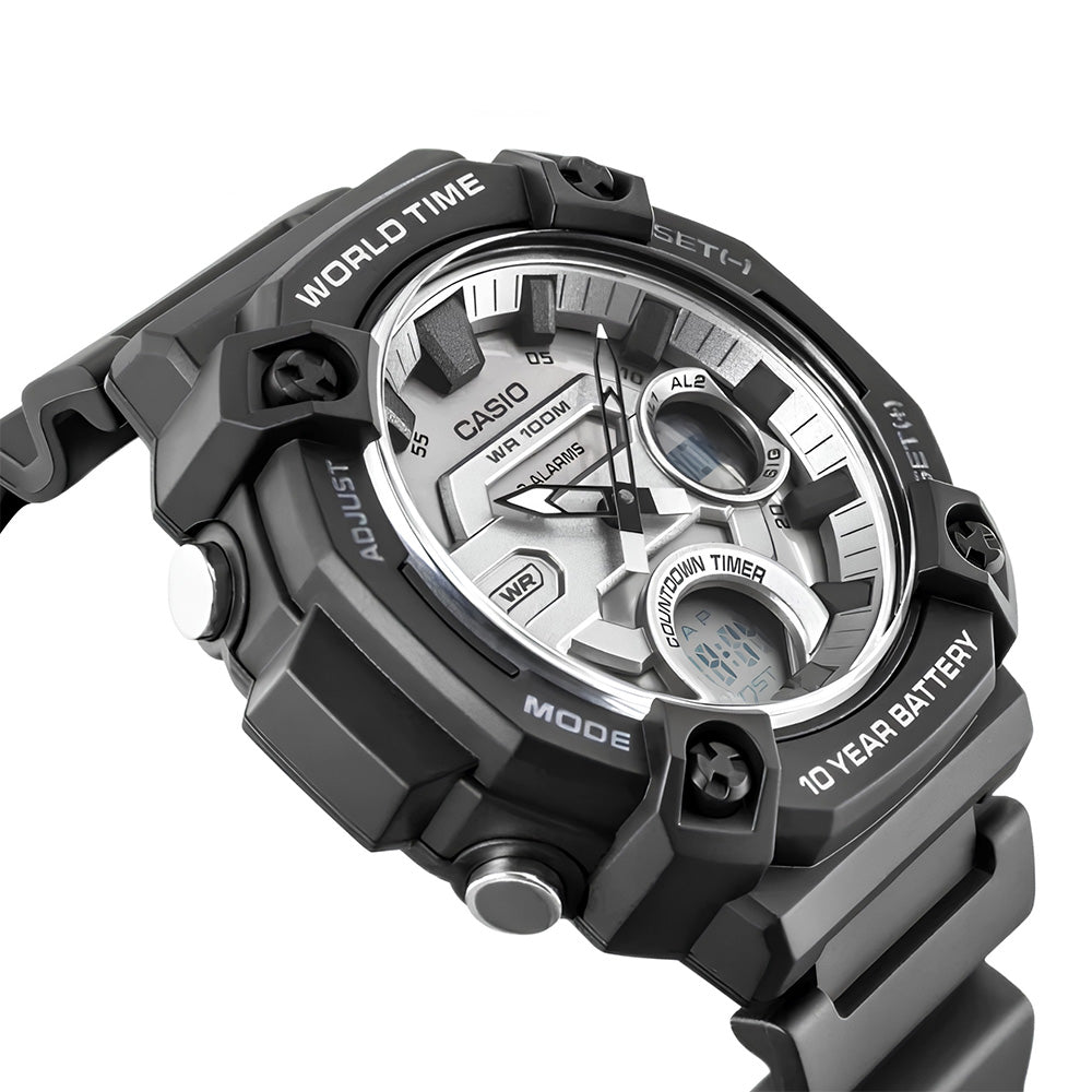 CASIO ANALOGUE-DIGITAL SILVER DIAL RESIN STRAP WATCH AEQ-120W-7AVDF