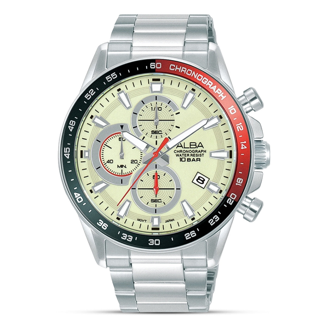 ALBA Chronograph Cream Dial Red Bezel Men's Watch | AM3A27X