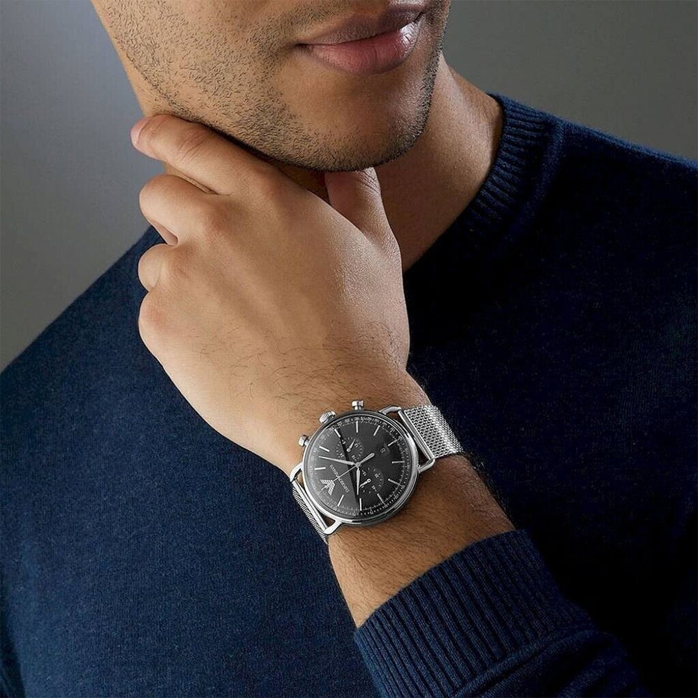 Emporio Armani Aviator Black Dial Mesh Strap Men's Watch | AR11104