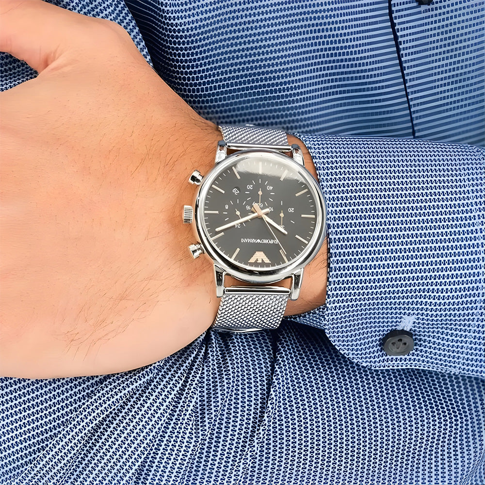 Emporio Armani Luigi Black Dial Mesh Strap Men's Watch | AR11429