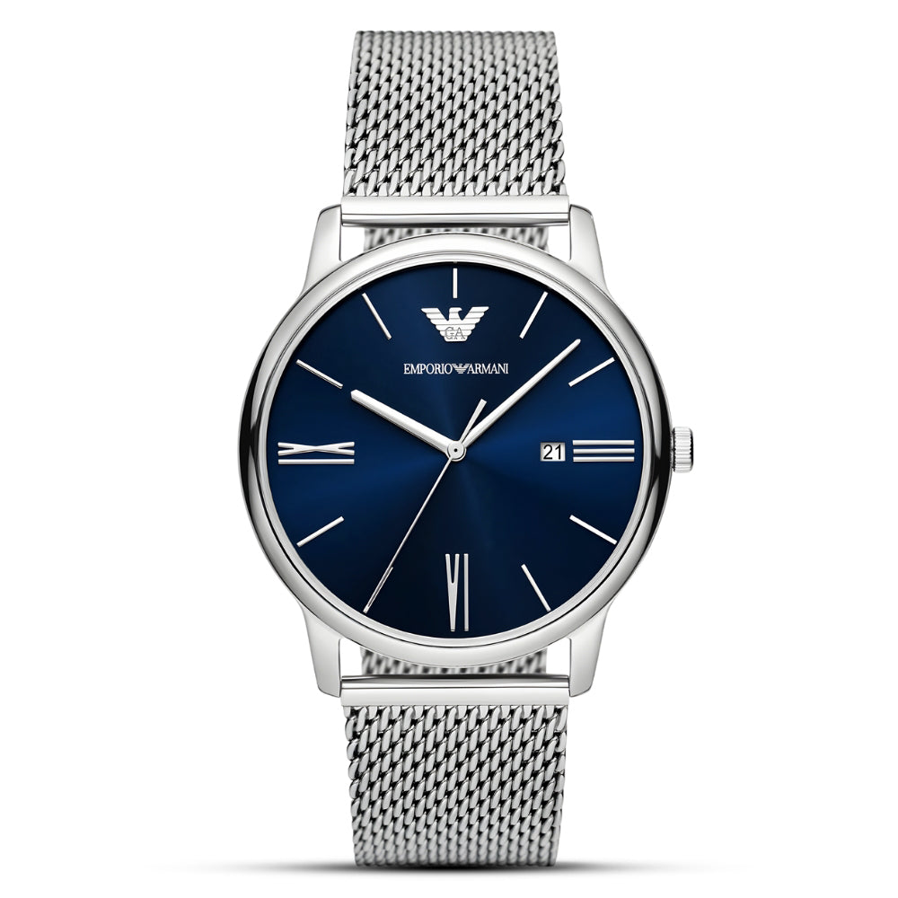 Emporio Armani Silver Tone Blue Dial Mesh Strap Watch | AR11571