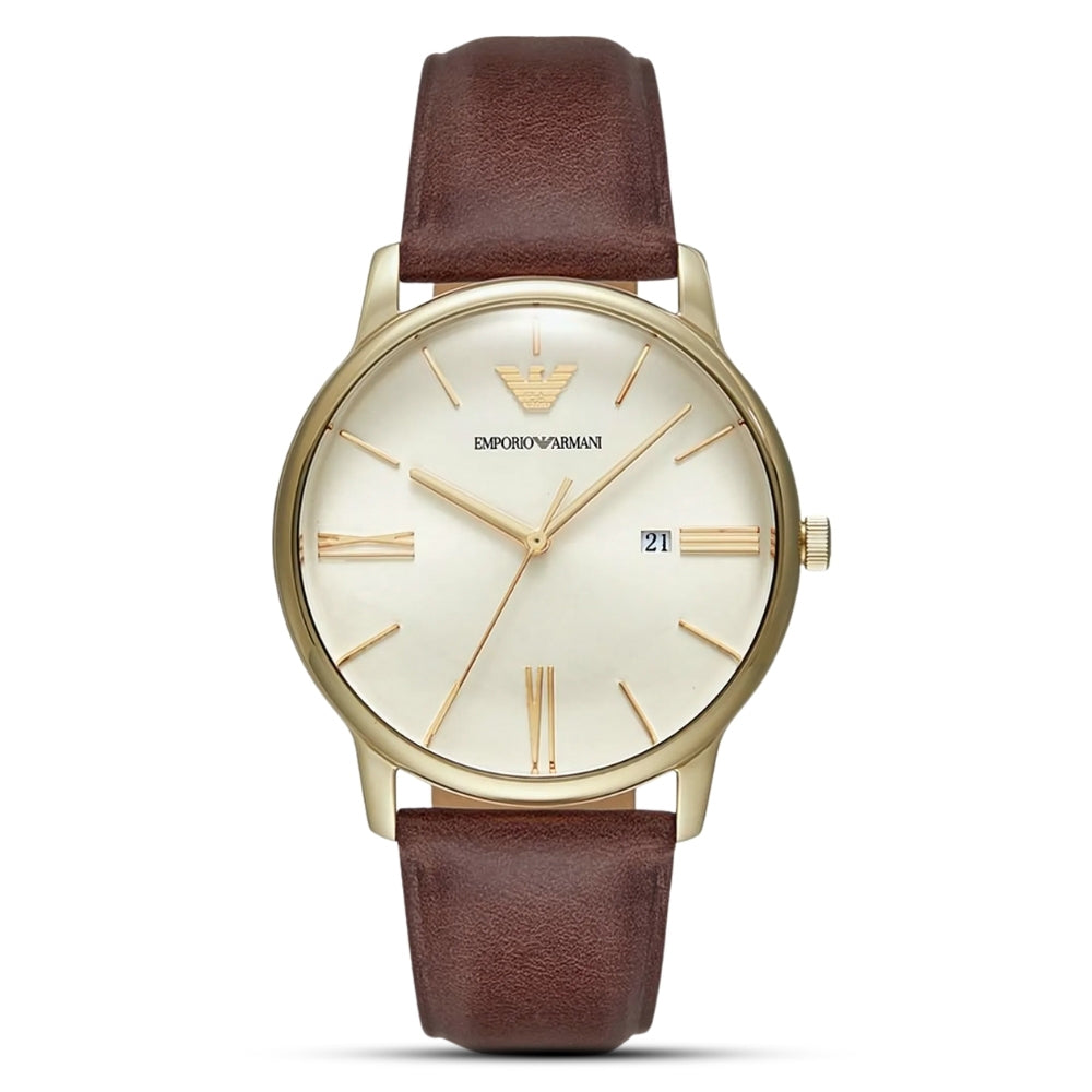 Emporio Armani Eggshell Sunray Dial Leather Strap Watch | AR11610