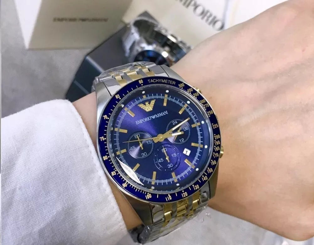 Emporio Armani Tazio Blue Dial Two Tone Men's Watch | AR6088