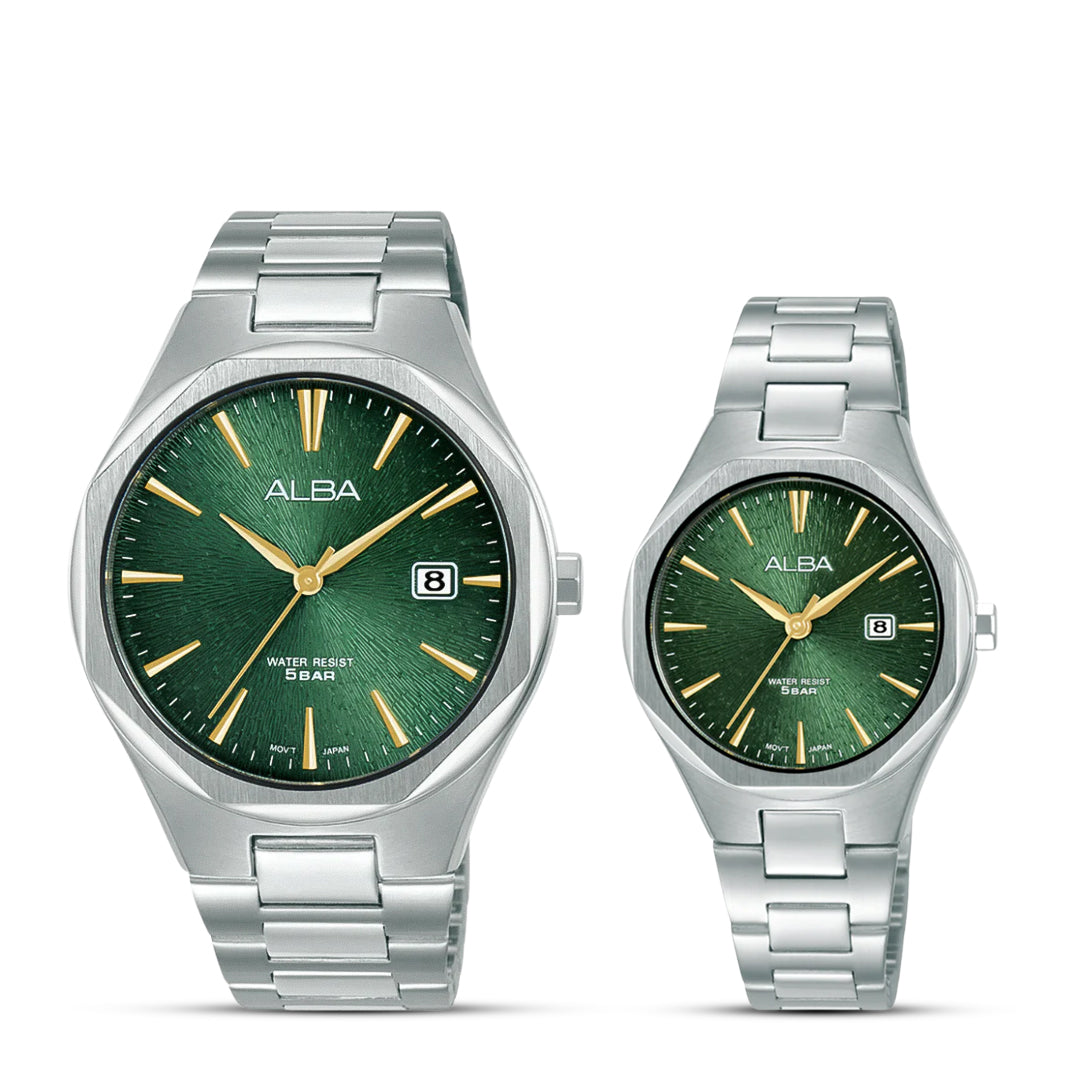 Alba Prestige Green Textured Sunray Dial Couple Watch | AS9U55X & AH7DN7X