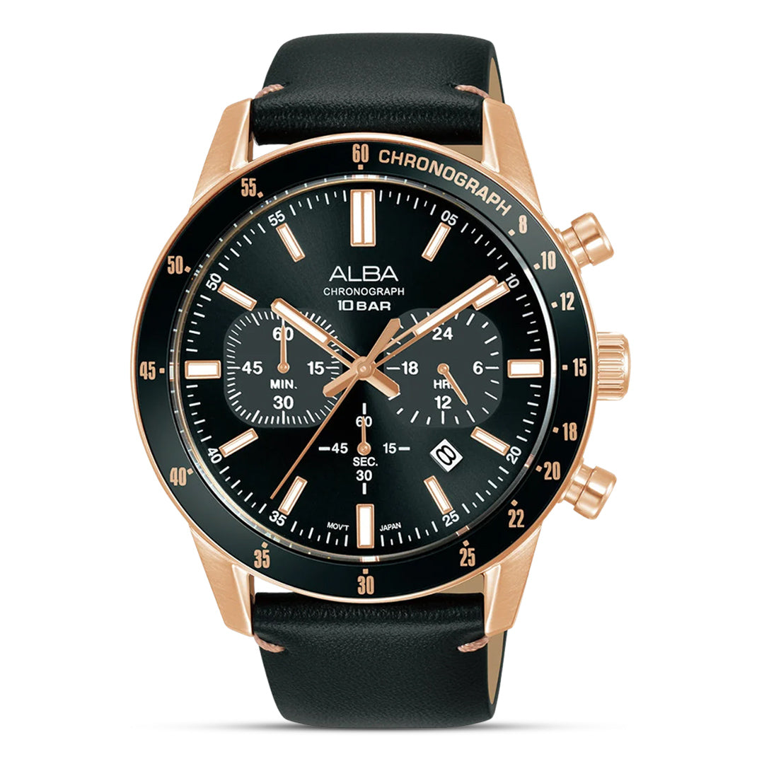 Alba Chronograph Black Dial Leather Band Men's Watch | AT3J84X