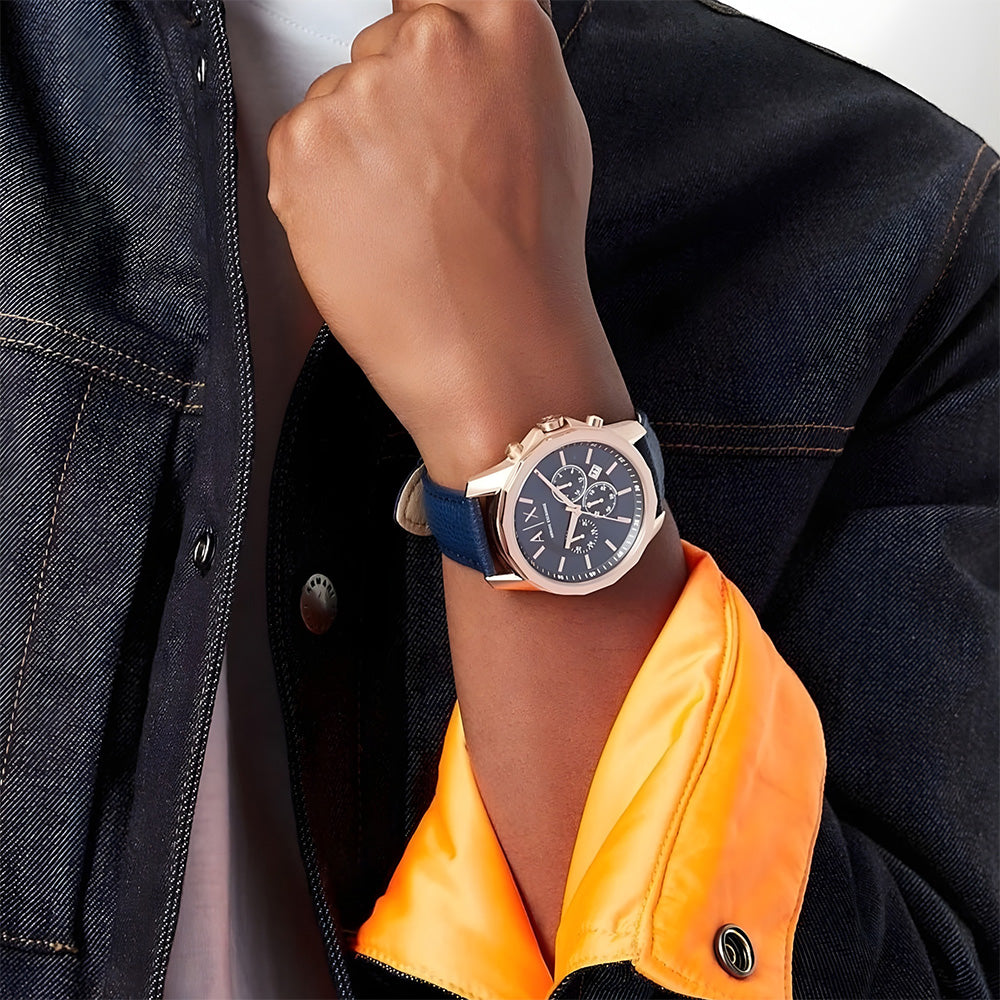 Armani Exchange Blue Chronograph Leather Strap Watch AX1723