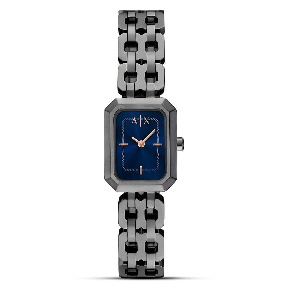 Armani Exchange Rectangle Gunmetal Blue Dial Ladies Watch AX5812