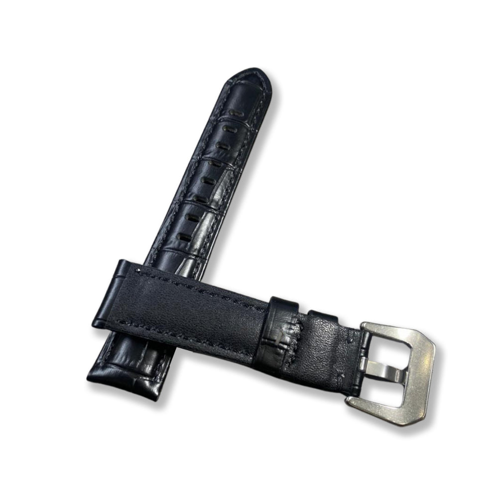 Cavern Crocodile Texture Stitched Black Leather Watch Strap | 22MM