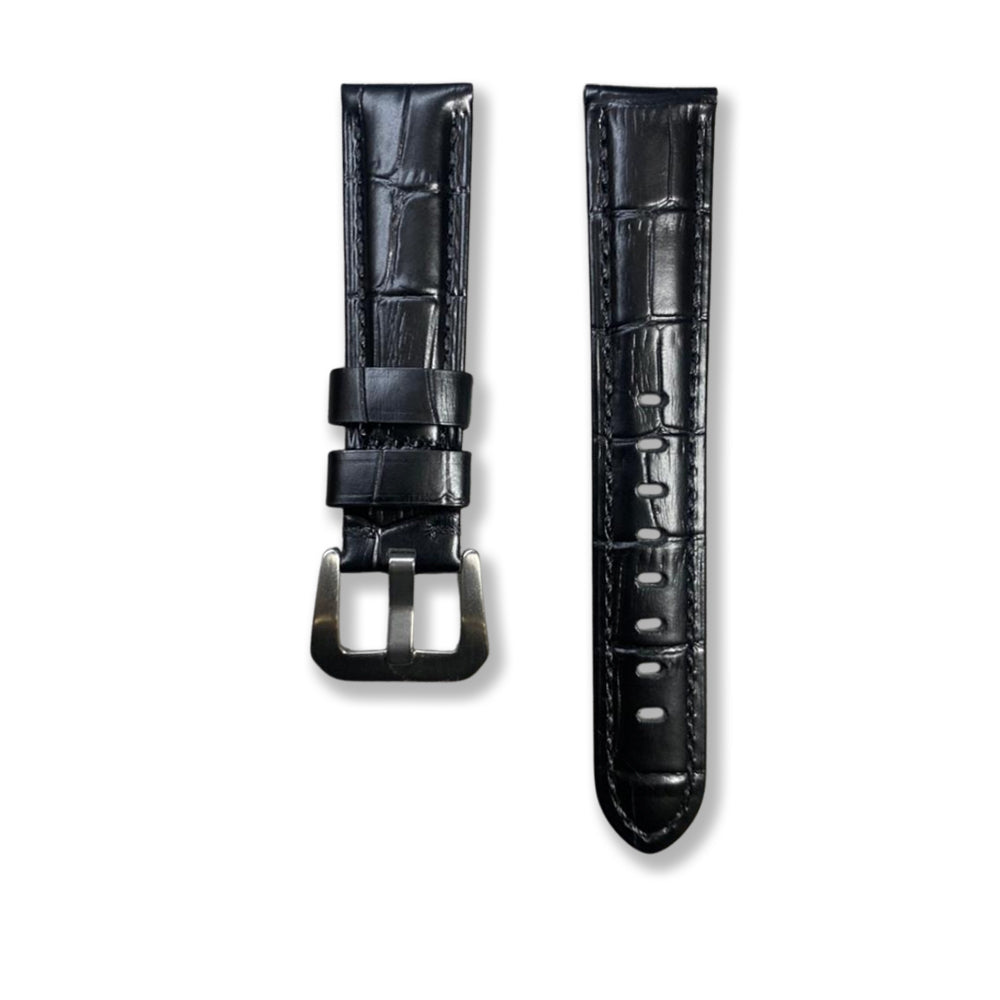 Cavern Crocodile Texture Stitched Black Leather Watch Strap | 22MM