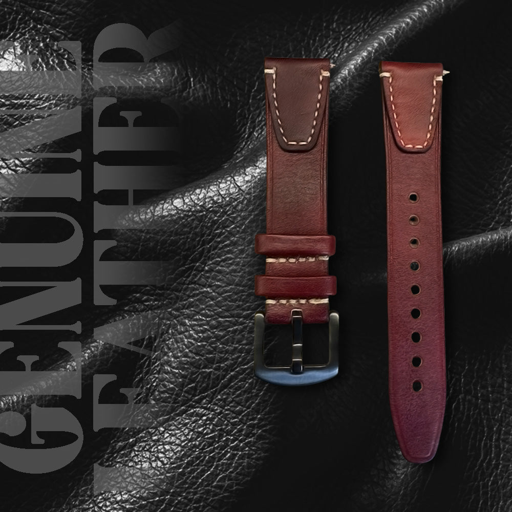 Cavern Premium 22mm Maroon Double Stitched Leather Strap
