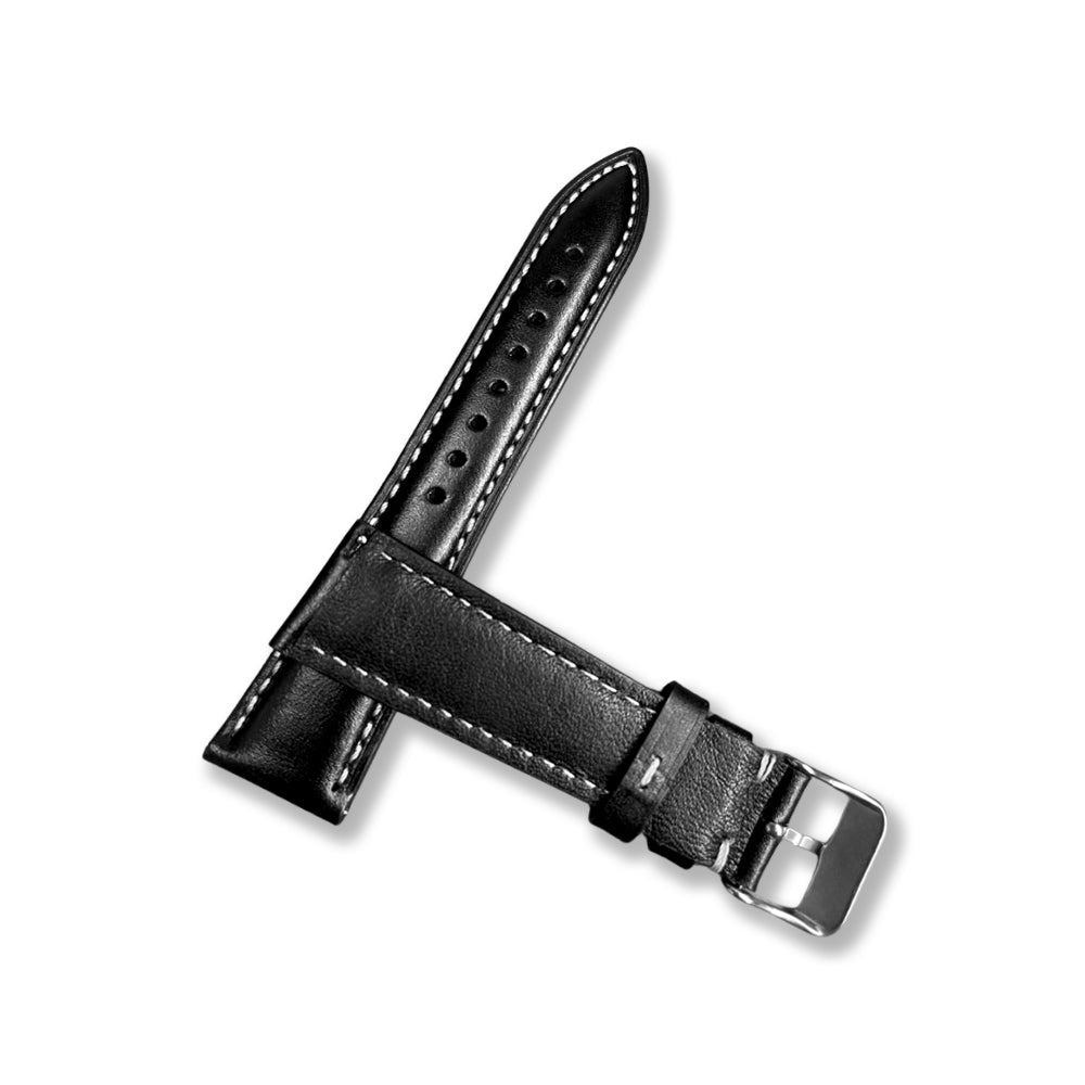 Cavern 22mm Plain Black Leather White Stitching Strap