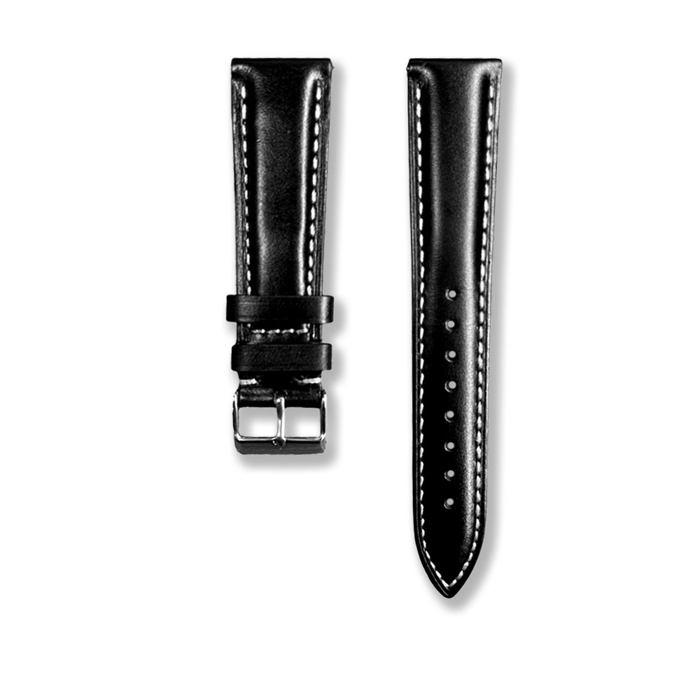 Cavern 22mm Plain Black Leather White Stitching Strap