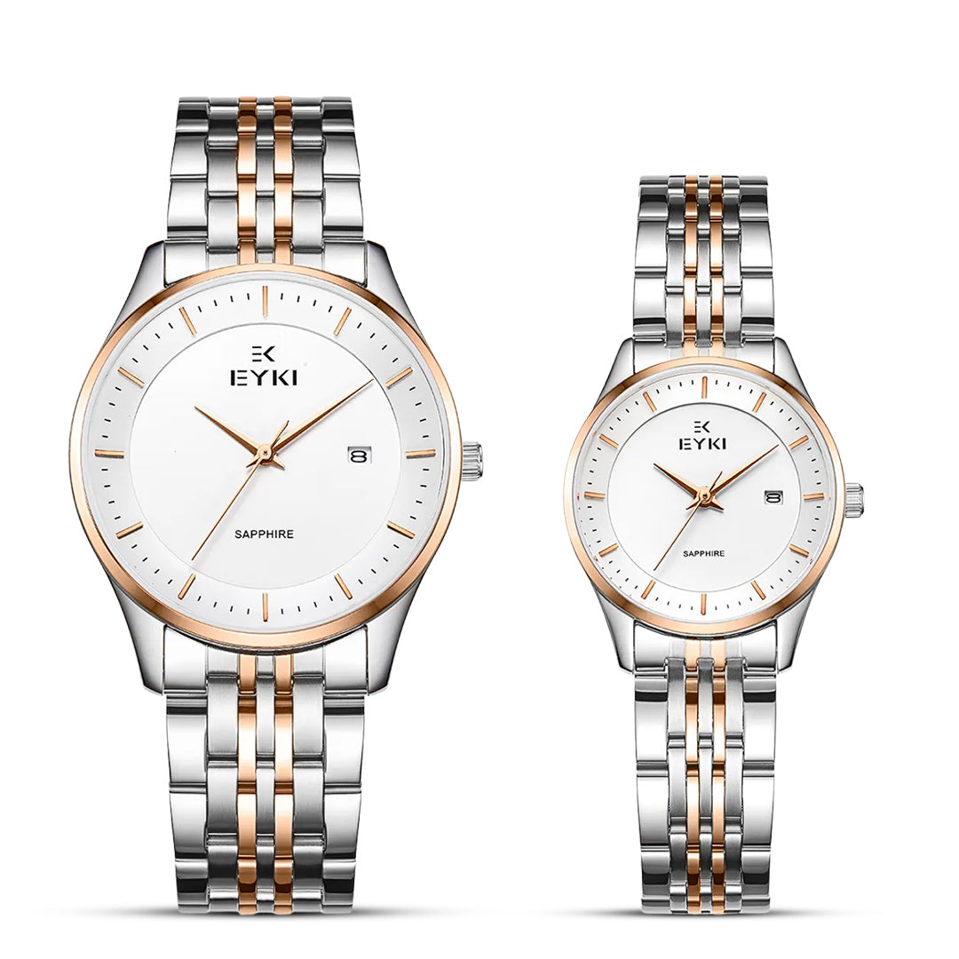 EYKI Two Tone White Dial With Date Couple Watch | EELS91008