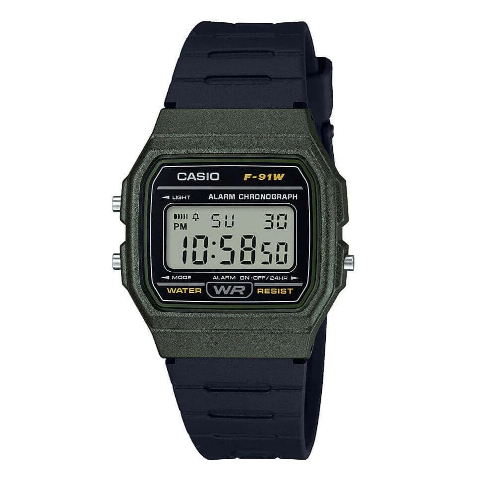 Casio Vintage Digital Green Bezel Resin Strap Watch| F-91WM-3ADF