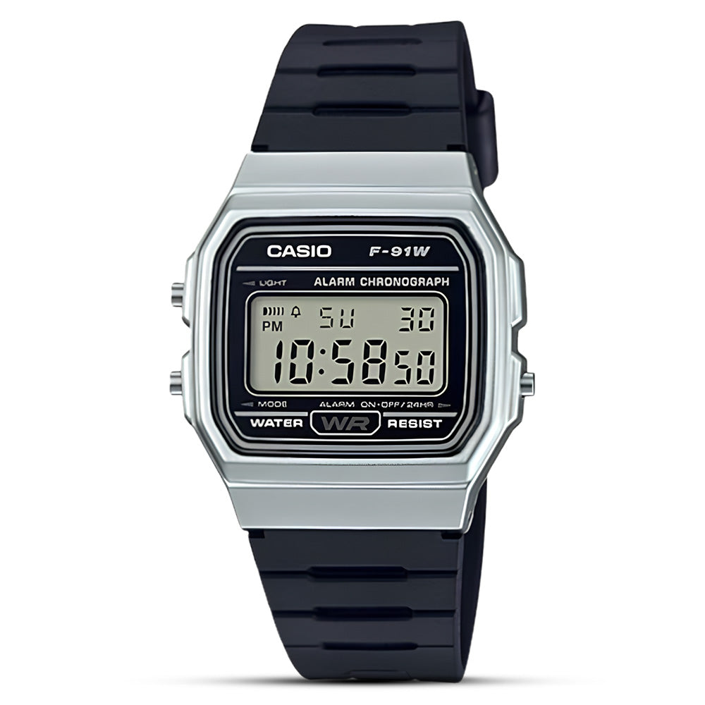 Casio Vintage Digital Silver Bezel Resin Strap Watch| F-91WM-7ADF