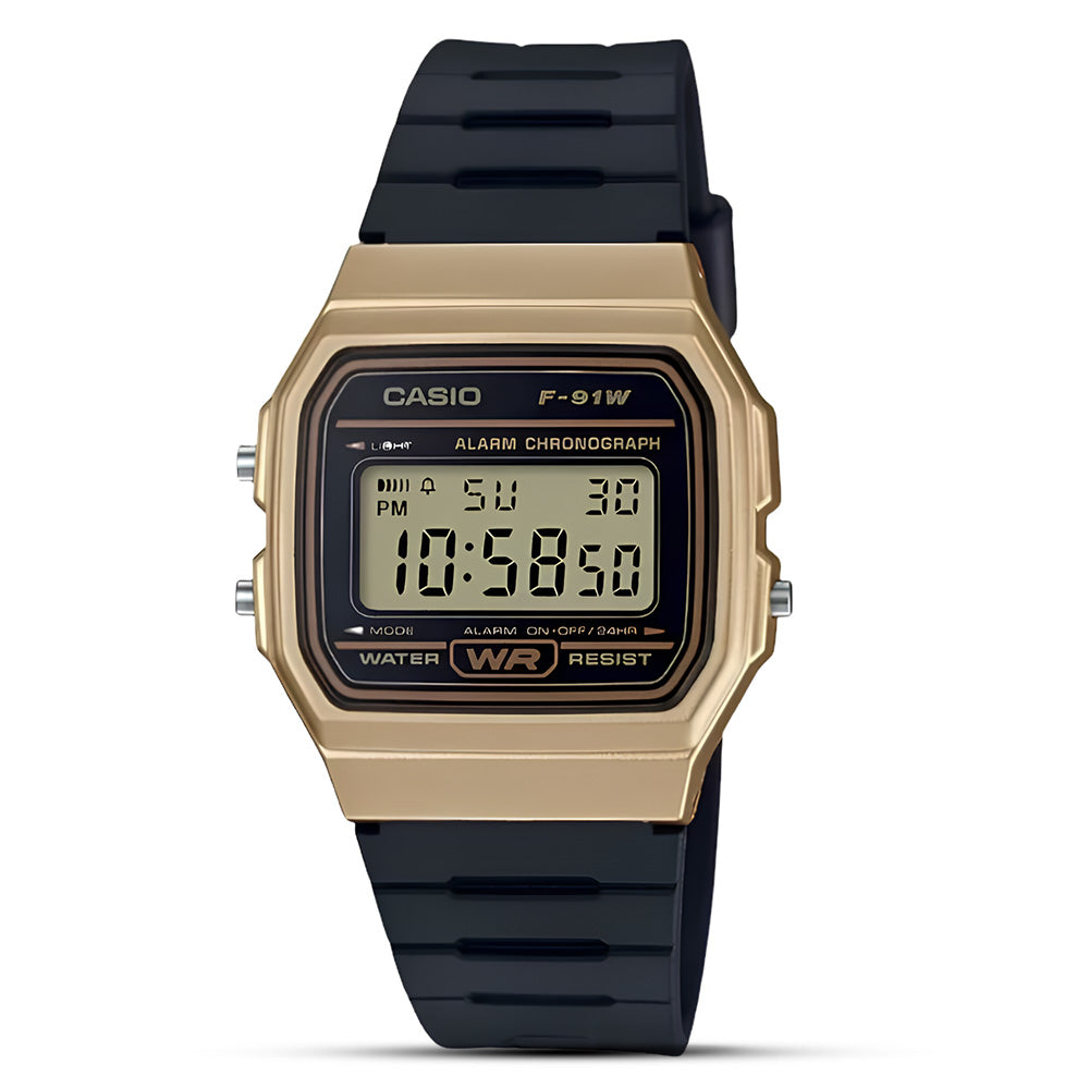 Casio Vintage Digital Golden Bezel Resin Strap Watch| F-91WM-9ADF