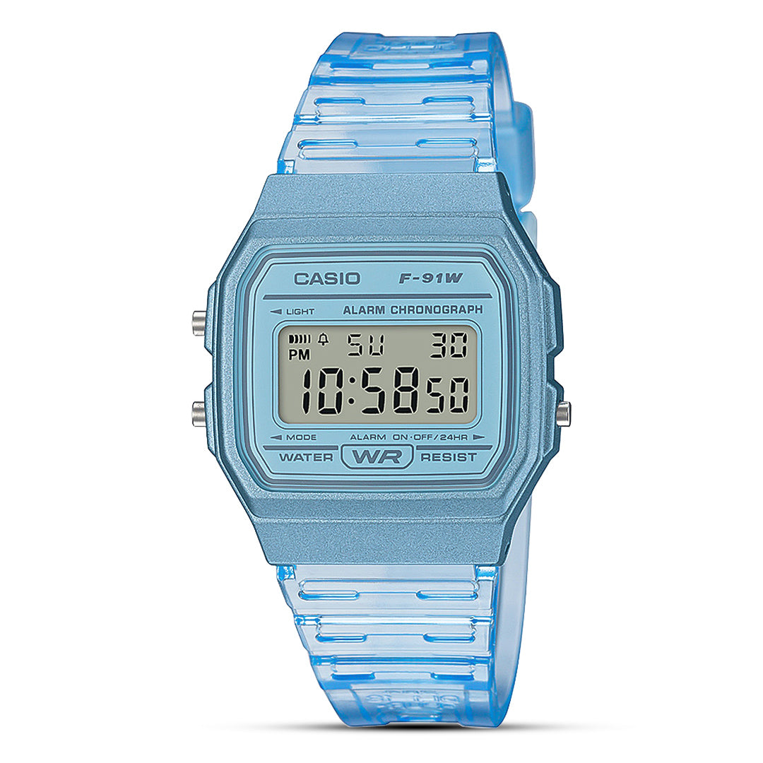 Casio Vintage Digital Transparent Blue Resin Strap Ladies Watch | F-91WS-2DF