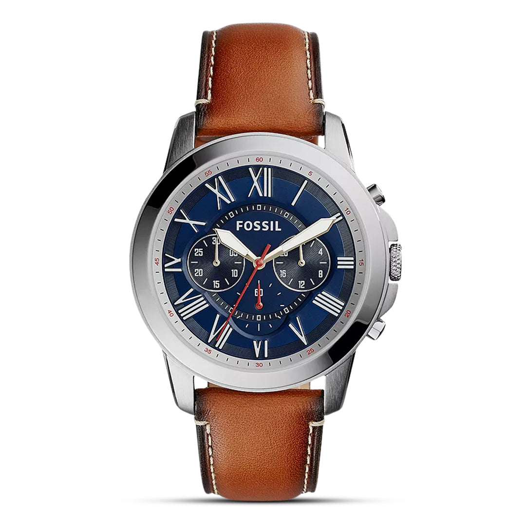 Fossil Grant Blue Dial Brown Leather Strap Men's Watch | FS5210