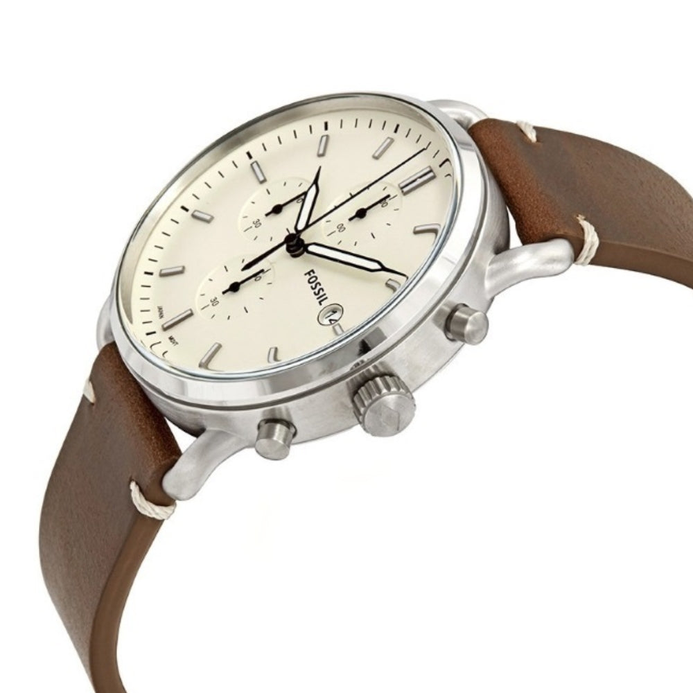 Fossil Commuter Brown Leather Beige Dial Men's Watch | FS5402