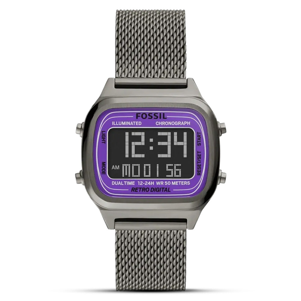 Fossil Retro Digital Chronograph Smoke Mesh Strap Watch FS5888