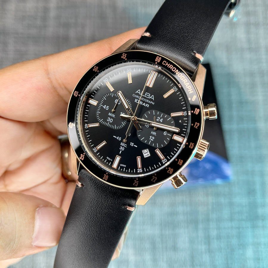 Alba Chronograph Black Dial Leather Band Men's Watch | AT3J84X