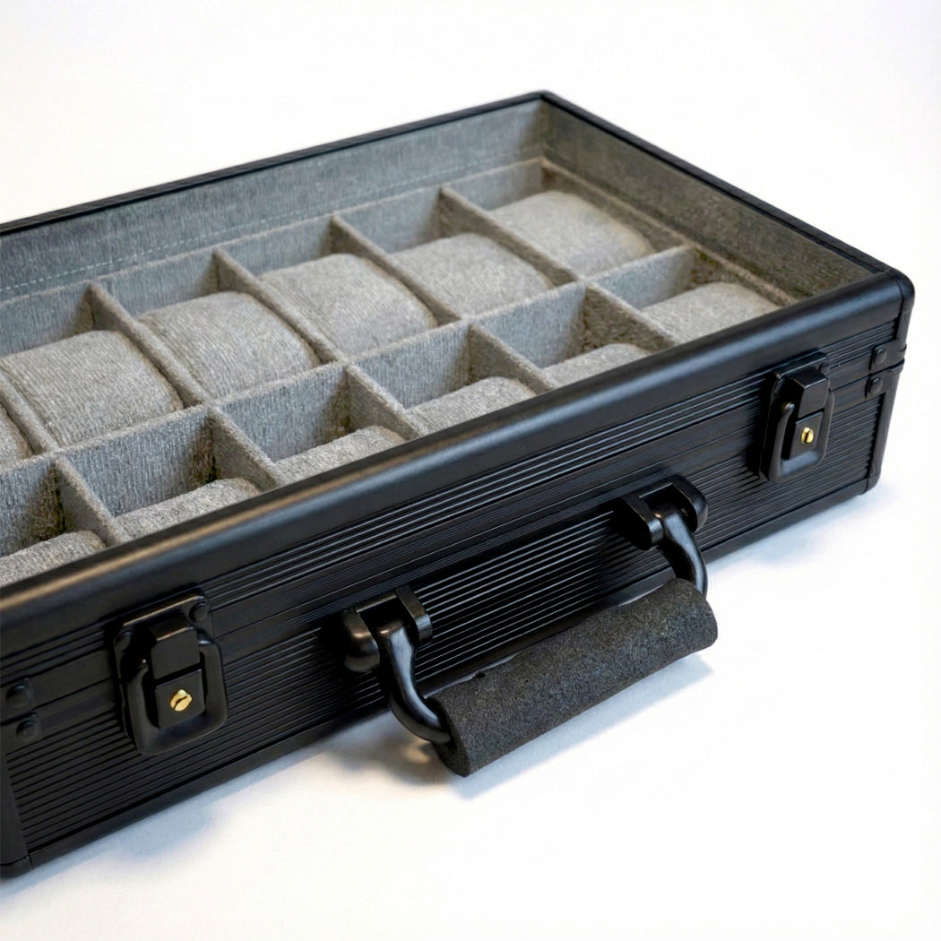 12 Slots Premium Black Watch Case with Handle-Stylish & Secure Storage