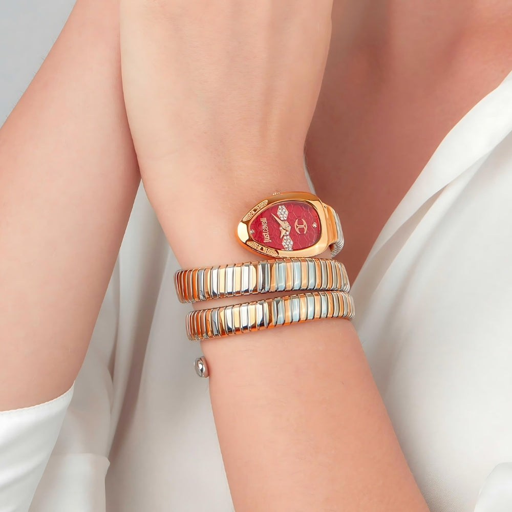 Just Cavalli Signature Snake Red Dial Two Tone Ladies Watch | JC1L232M0065