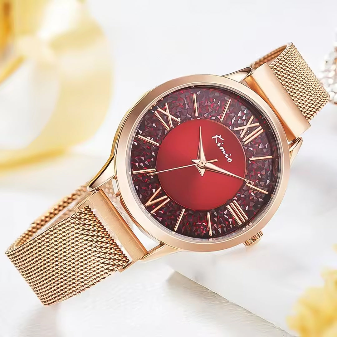 KIMIO Diamond Texture Dial Mesh Strap Ladies Watch | K6375M