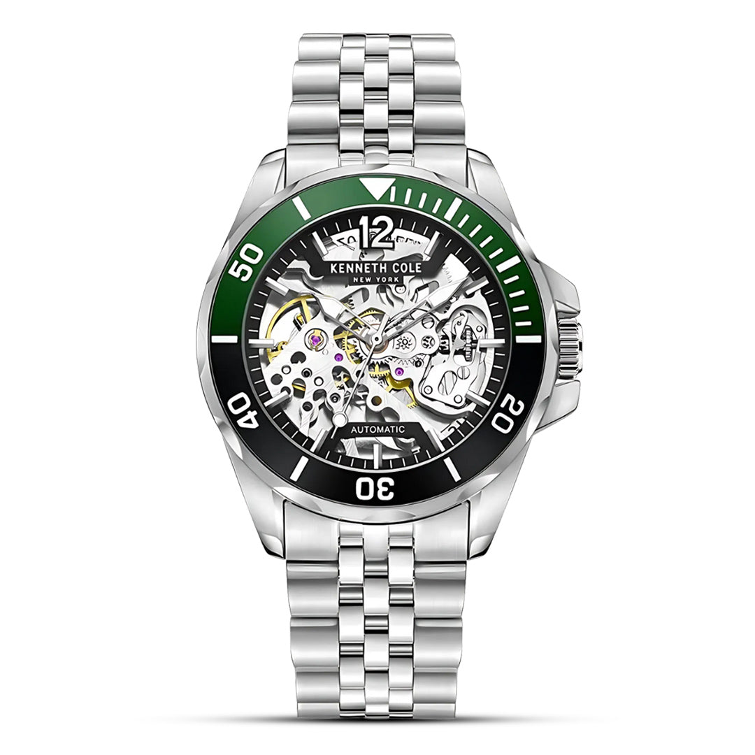KENNETH COLE AUTOMATIC SKELETON DIAL SILVER STRAP MEN'S WATCH | KCWGL2233002