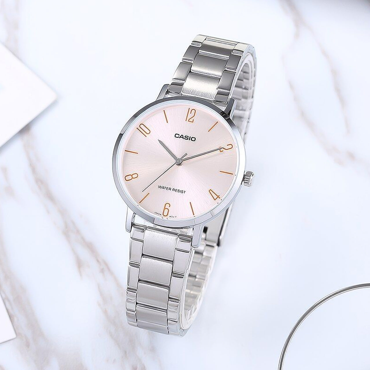 Casio Slim Light Pink Dial Stainless Steel Strap Ladies Watch | LTP-VT01D-4B2UDF