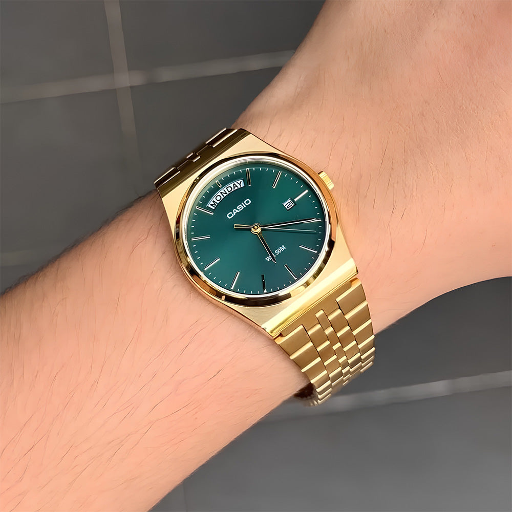 CASIO GOLD TONE GREEN DUAL TIME MENS WATCH MTP-B146G-3AVDF