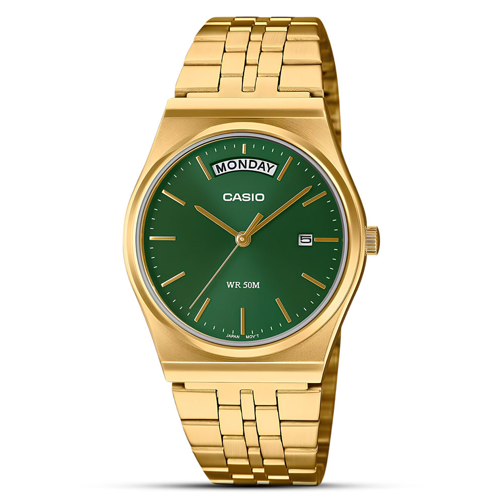 CASIO GOLD TONE GREEN DUAL TIME MENS WATCH MTP-B146G-3AVDF