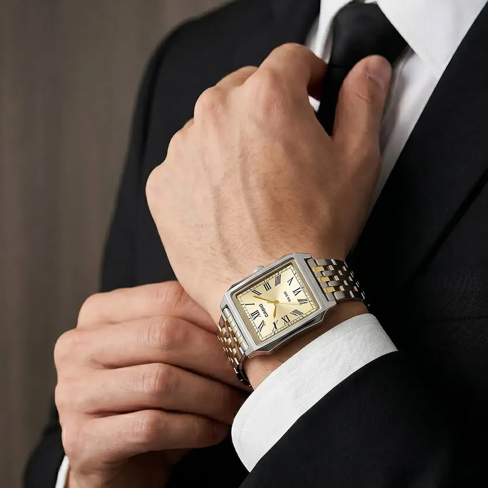 CASIO RECTANGLE DIAL TWO TONE MEN'S WATCH MTP-B190SG-9BVDF