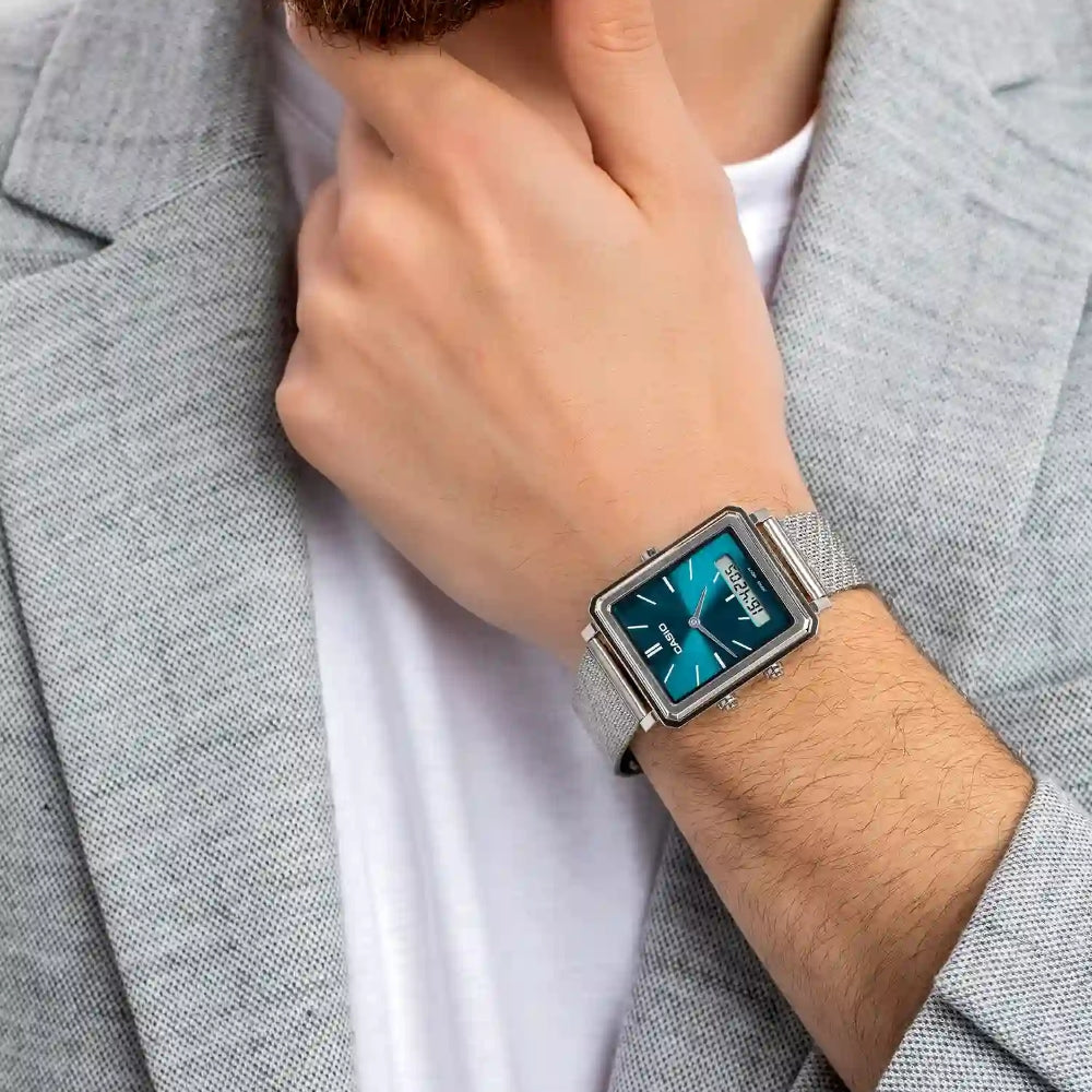 CASIO VINTAGE DUAL TIMER CYAN DIAL WATCH | MTP-B205M-3EDF