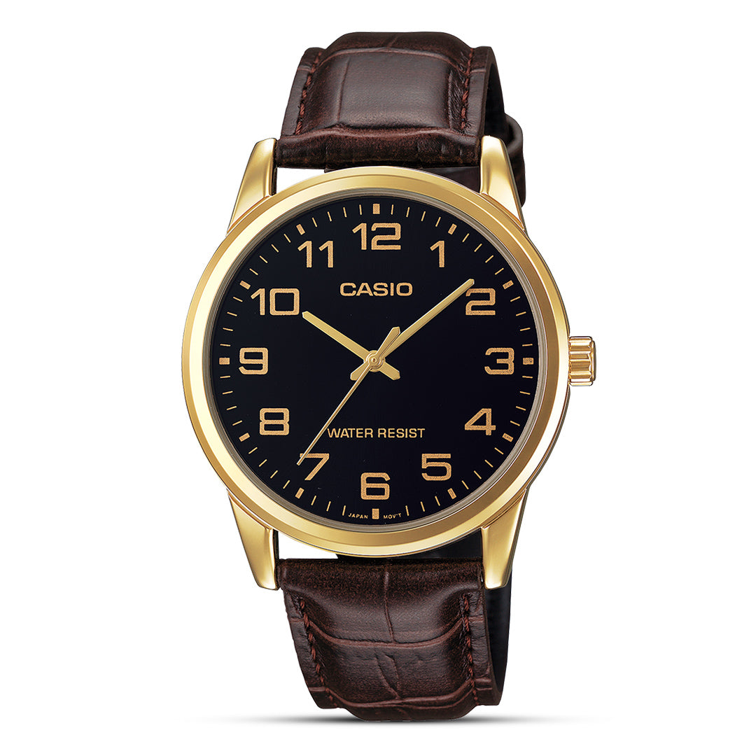 Casio Minimalistic Black Dial Brown Leather Strap Watch| MTP-V001GL-1BUDF