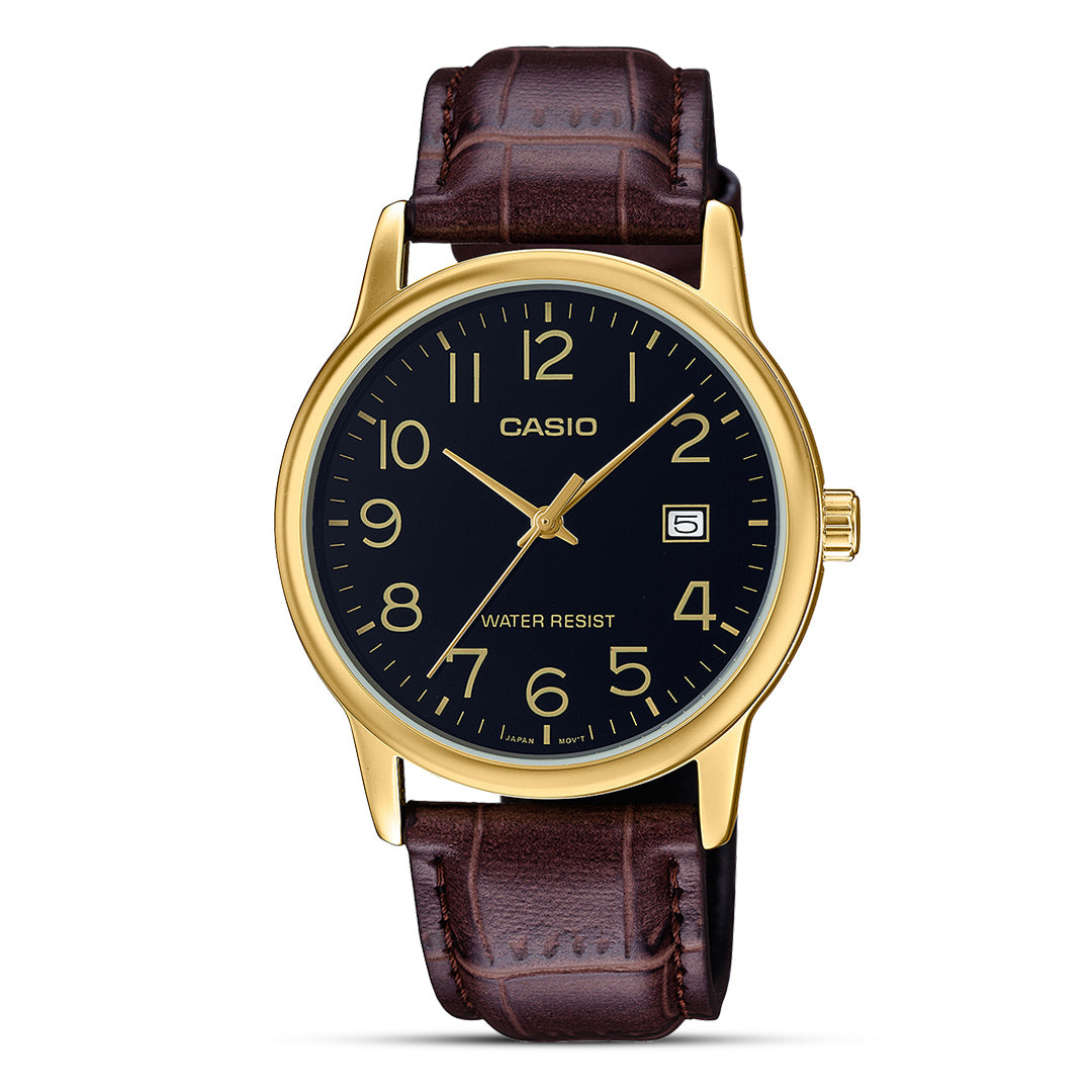 Casio Standard Black Dial Brown Leather Strap Watch MTP-V002GL-1BUDF
