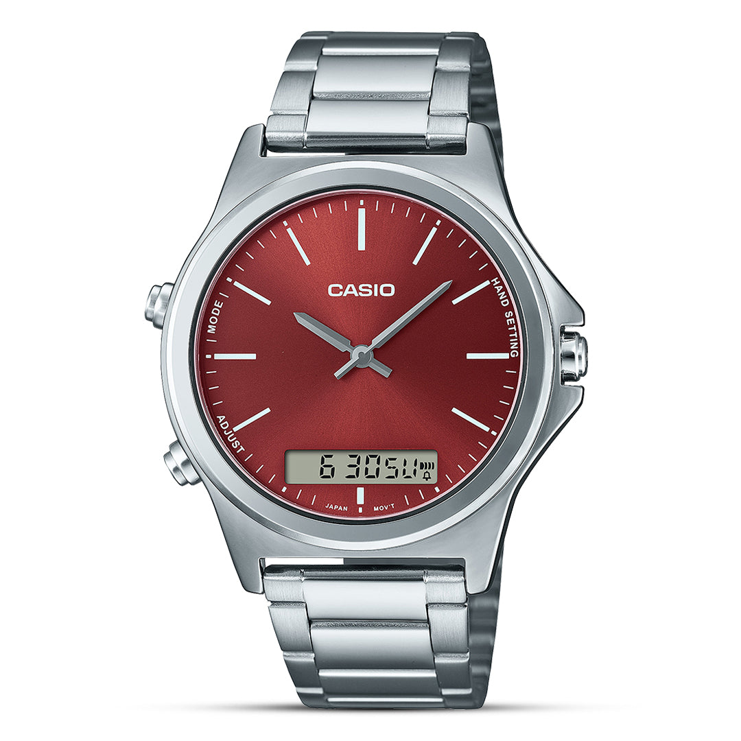 Casio Minimalist Dual Timer Red Dial Stainless Steel Watch | MTP-VC01D-5EUDF