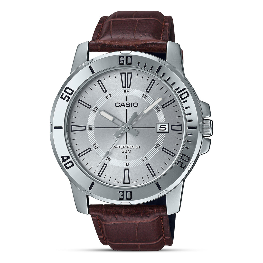 Casio General Silver Dial Brown Leather Men's Watch | MTP-VD01L-7CVUDF