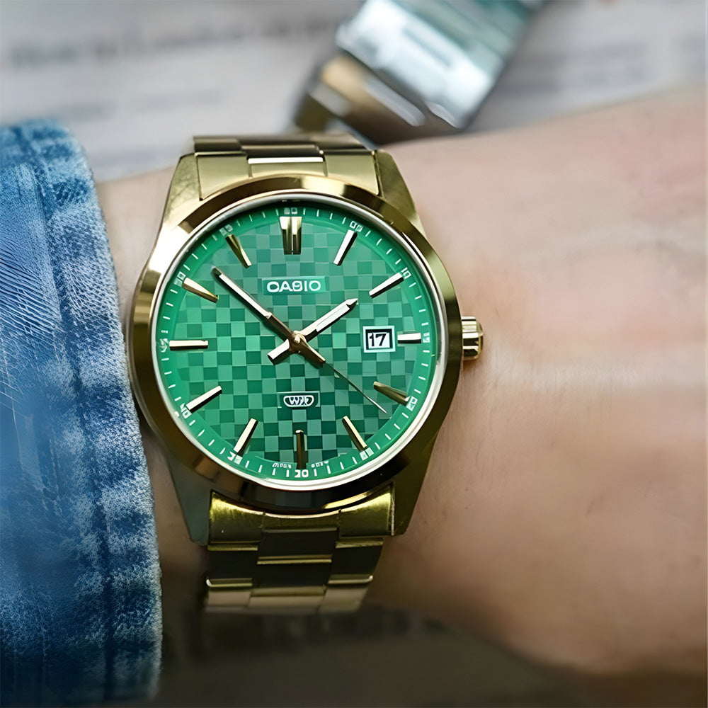 Casio Enticer Gold Tone Green Chess Dial Watch MTP-VD03G-3AUDF