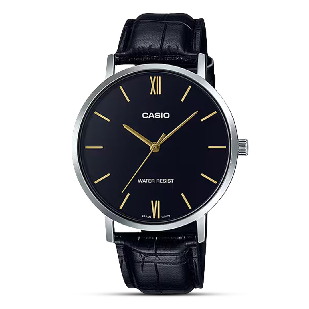 Casio "Minimalistic" Black Dial Silver Tone Mens Watch MTP-VT01L-1BUDF