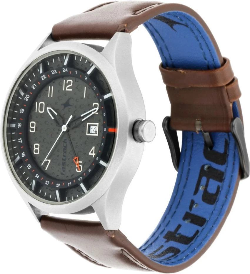 Fastrack Titanium Case Grey Dial Analog Leather Strap Watch | NN3205TL01