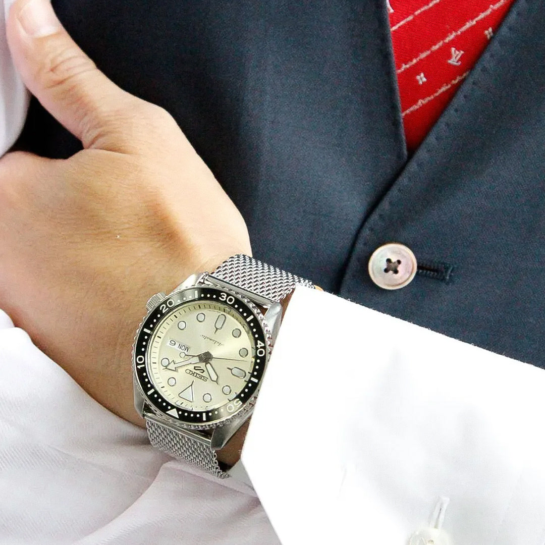 Seiko 5 Sports Automatic Cream Dial Mesh Band Men's Watch | SRPE75K1