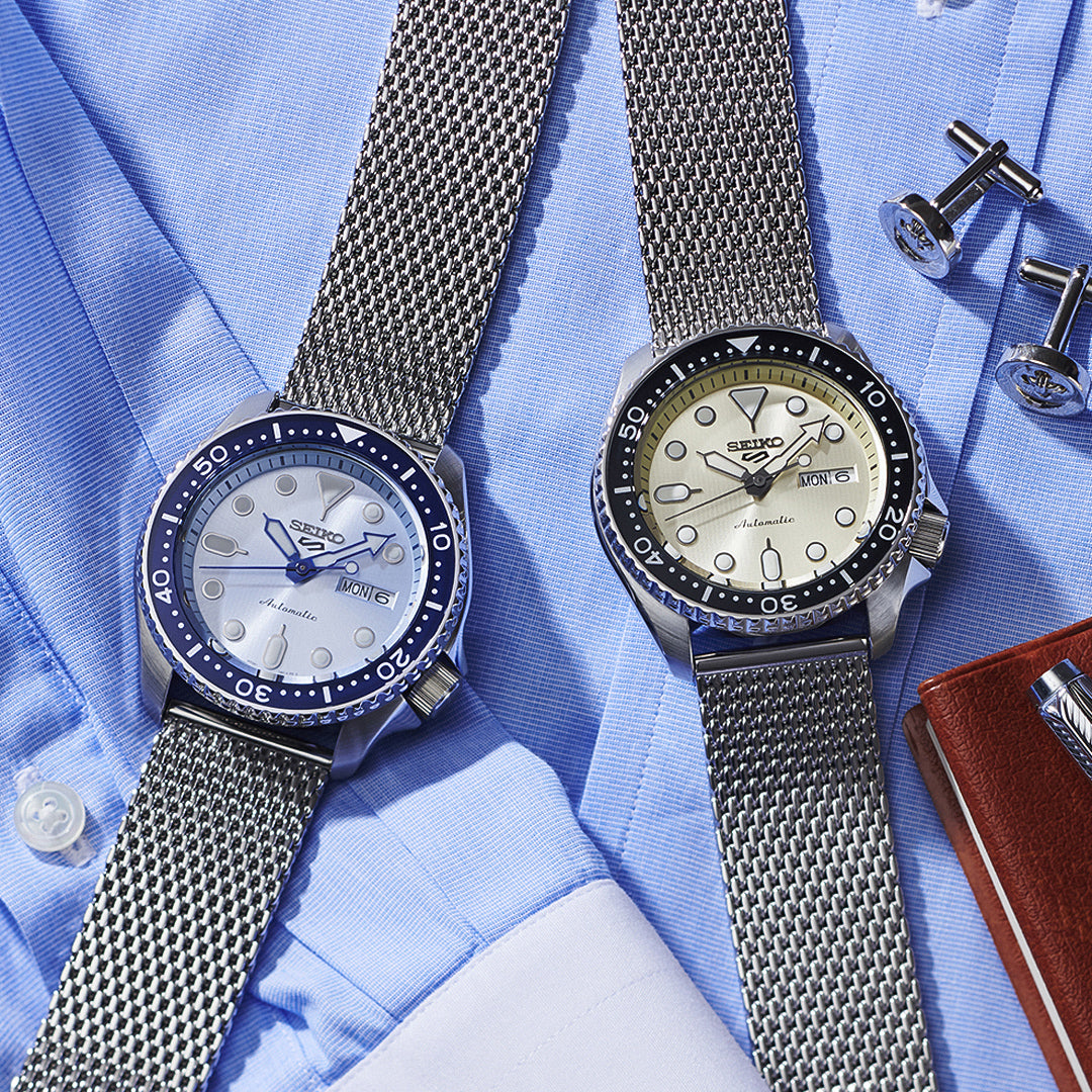 Seiko 5 Sports Automatic Cream Dial Mesh Band Men's Watch | SRPE75K1