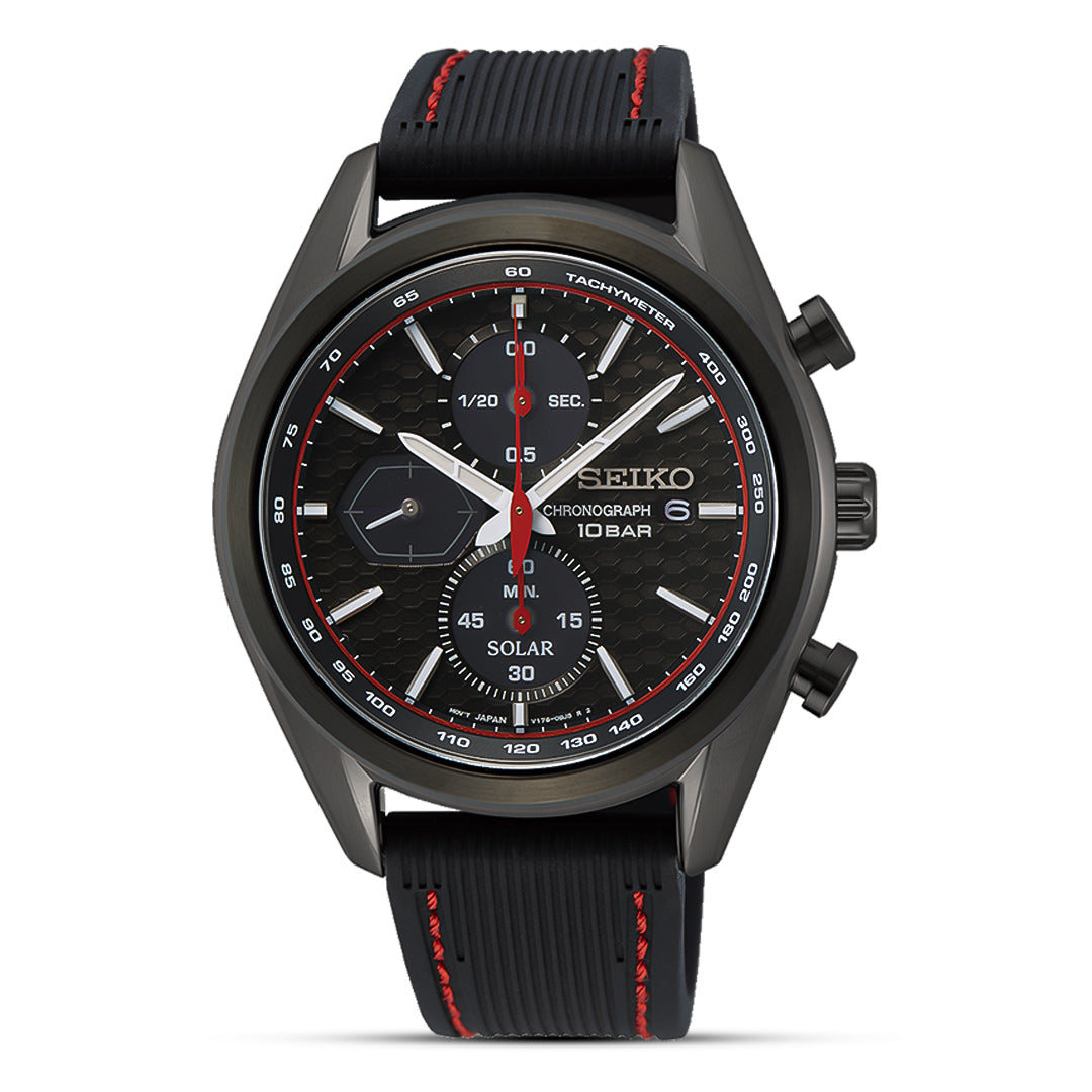 Seiko Solar Chronograph Black Dial Silicone Band Men's Watch | SSC777P1